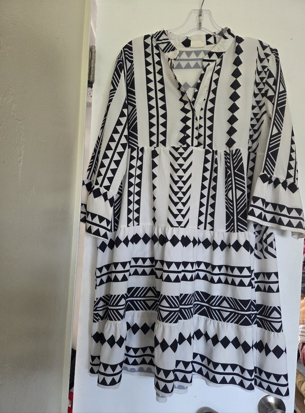 Silk & Salt Printed V-Neck Tiered Mini Dress in Navy and White - Picture 2 of 3